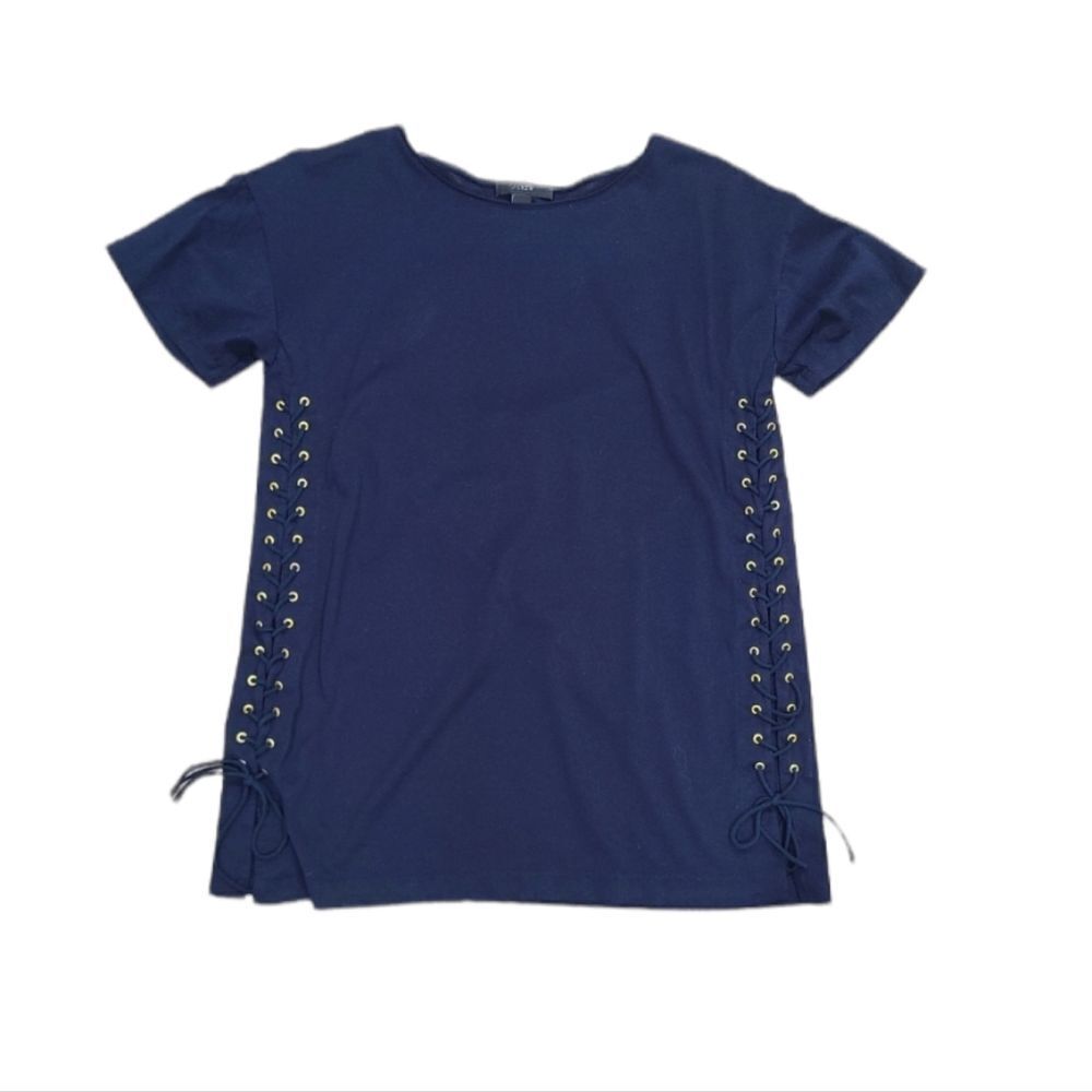 J. Crew Navy Blue Size Lace Up Tee Shirt Top Stretchy Womens Size Small